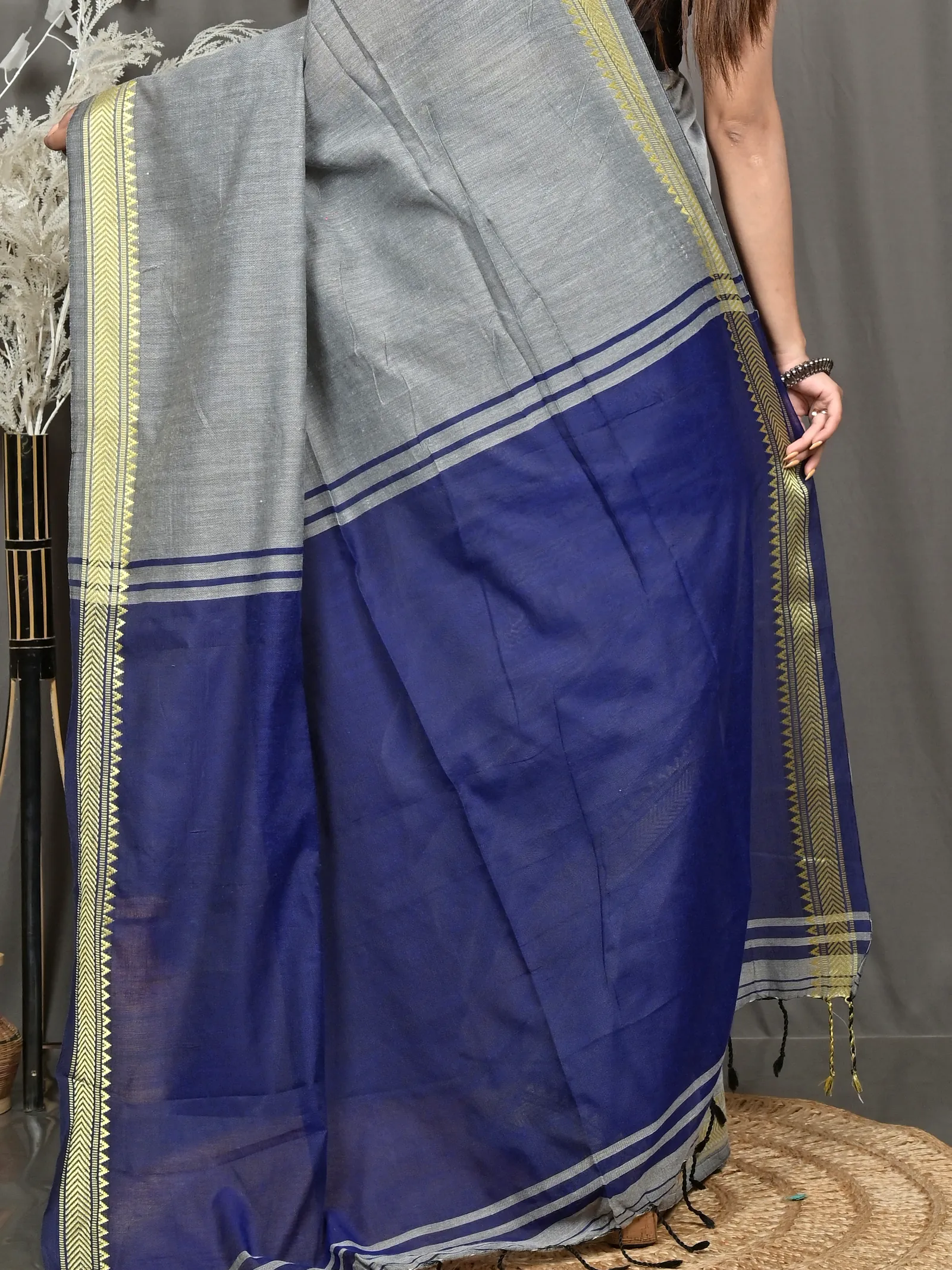 Grey Blue Pure Cotton Nopra Handloom Saree (2269)
